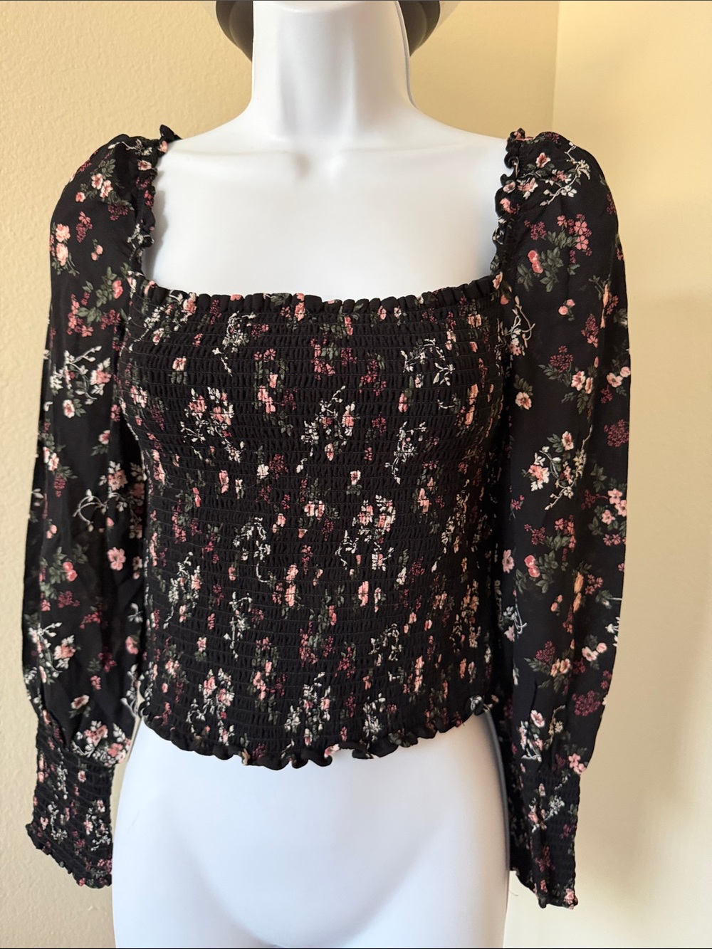 Reformation Black Floral Smocked Square-Neck Crop Top with Puff Sleeves